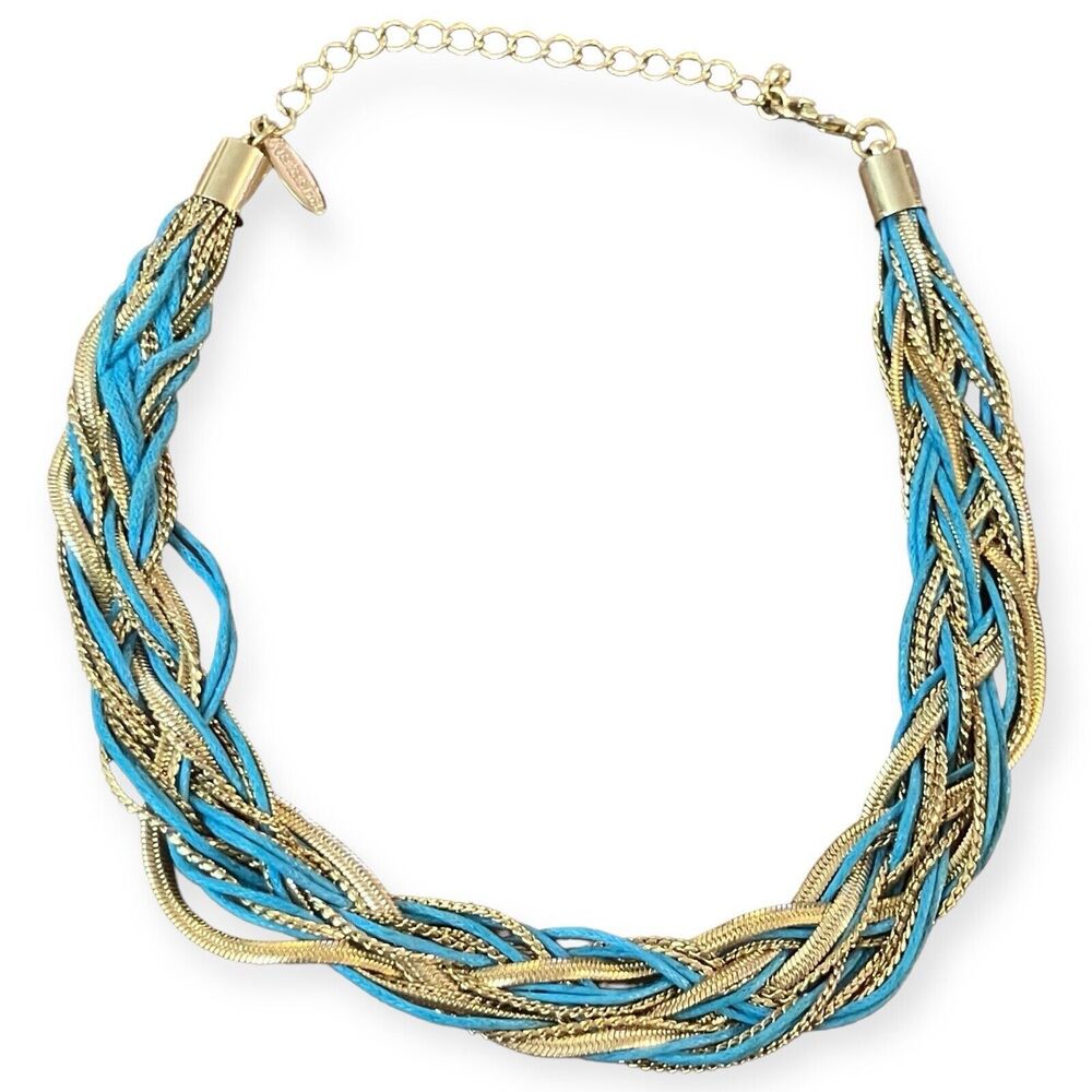 Natasha Braided Twisted Cord Turquoise Color Gold Tone Chain Choker 16" Necklace
